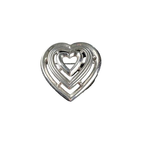 Vtg Signed Crown Trifari Silver Tone Metal Layered Triple Hearts Brooch Pin 2” - Picture 3 of 11